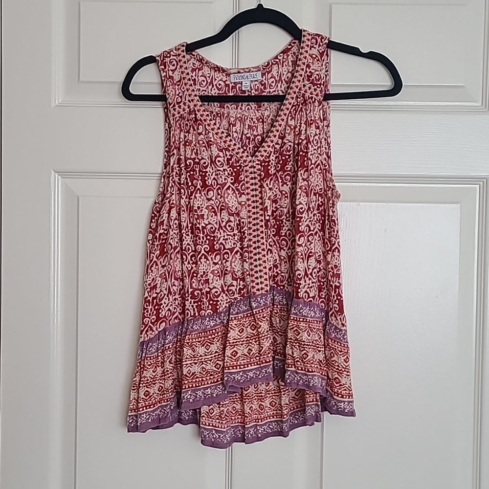 Patrons of Peace Marron, and Cream Printed V-Neck Tank with Purple Border